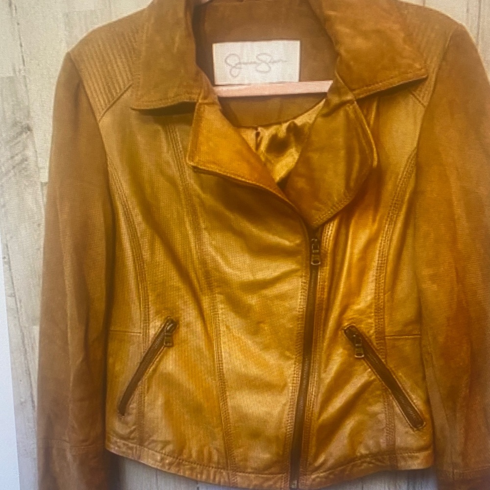 Jessica Simpson Camel 100%Leather Moto Jacket • Size M • Asym Zip